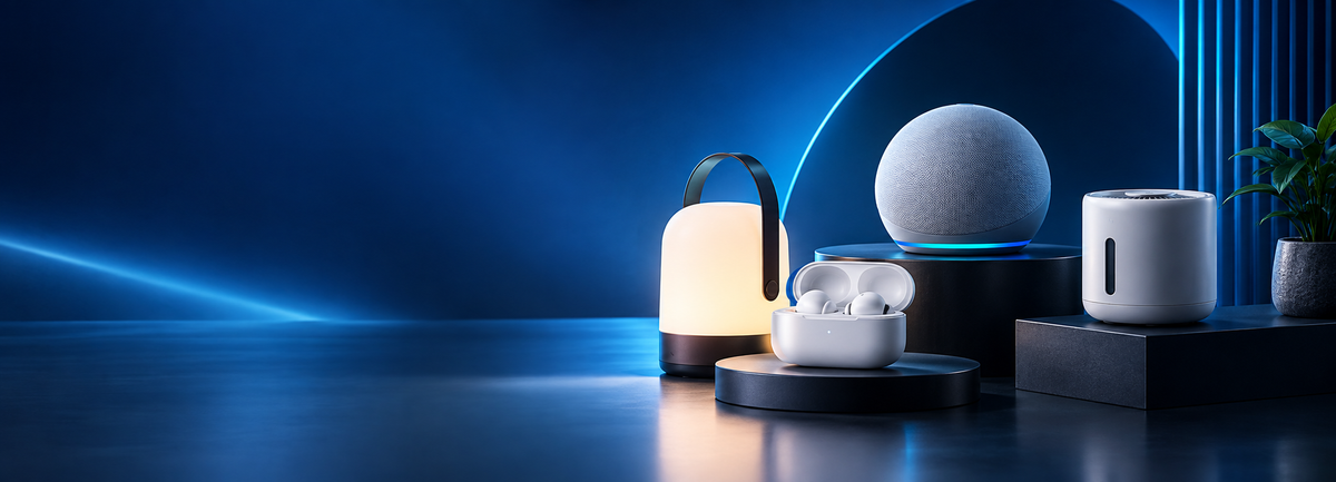 Selección de tecnología y artículos para el hogar sobre fondo azul